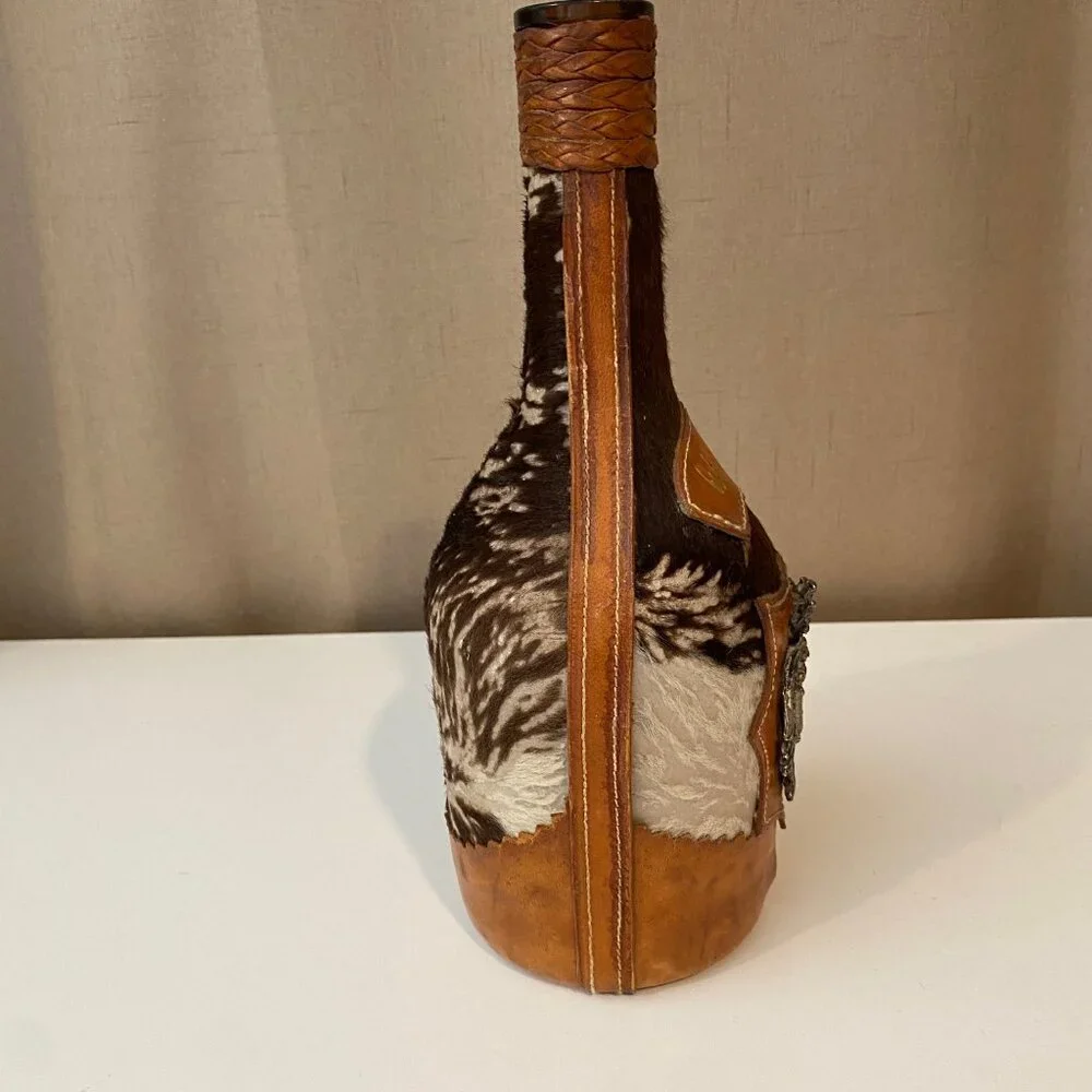 Vintage Leather and Cowhide Wrapped Whiskey Bottle 9.5